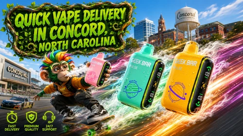 Quick Vape Delivery in Concord, North Carolina A vibrant promotional banner for vape delivery in Concord, NC, featuring three colorful Geek Bar Pulse disposable vapes covered with water droplets and surrounded by fast-moving energy, smoke, and water effects. A cartoon monkey rides a skateboard while holding a pink vape, with Concord landmarks, Concord Mills, a water tower, and a racing scene in the background. The design also includes service icons highlighting fast delivery, premium quality, and 24/7 support.