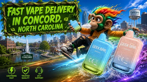 Fast Vape Delivery in Concord, North Carolina A colorful promotional banner for fast vape delivery in Concord, North Carolina, featuring two Geek Bar Meloso disposable vapes with realistic water droplets, surrounded by vibrant energy trails and splashing water effects. A cheerful cartoon monkey with rainbow-colored hair rides a skateboard while holding a vape device, with the Concord skyline, water tower, and iconic city landmarks in the background. The design includes bold green typography and service icons highlighting lightning-fast shipping, trusted quality, and 24/7 customer support.