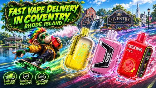 A vibrant promotional banner for Vapor Puffs featuring fast vape delivery in Coventry, Rhode Island. Three premium disposable vapes with realistic water droplets race through colorful energy trails against iconic Coventry landmarks, while a futuristic character rides a hoverboard holding a Geek Bar vape. The design highlights same-day shipping, authentic products, and dedicated customer support, emphasizing fast, reliable vape delivery across Coventry, RI.