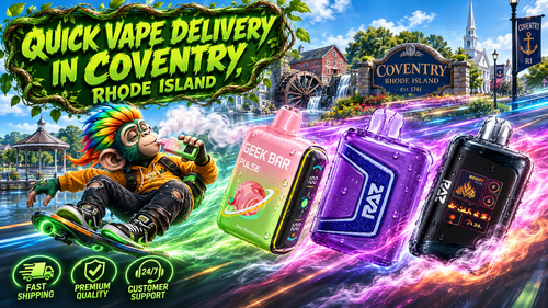 A colorful promotional banner showcasing quick vape delivery in Coventry, Rhode Island by Vapor Puffs. The artwork features three premium disposable vapes covered in realistic water droplets, racing through vibrant energy trails alongside a futuristic hoverboard rider enjoying a vape. The background highlights recognizable Coventry landmarks, while service icons emphasize fast shipping, premium-quality products, and 24/7 customer support, promoting convenient online vape shopping throughout Coventry, RI.