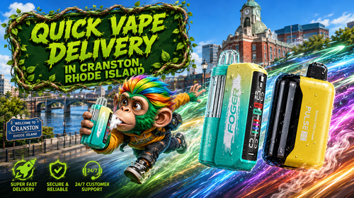 A vibrant promotional banner for quick vape delivery in Cranston, Rhode Island, featuring colorful disposable vapes with water droplets, a futuristic flying monkey character holding a Foger vape, and iconic Cranston landmarks in the background. Bright energy trails, premium service icons, and bold typography highlight fast shipping, reliable service, and a wide selection of disposable vapes available online.