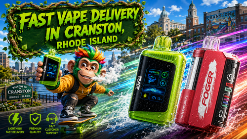 A colorful promotional banner showcasing fast vape delivery in Cranston, Rhode Island, featuring premium disposable vapes with vibrant energy trails, realistic water droplets, and a playful monkey riding a skateboard while holding a RAZ vape. Recognizable Cranston landmarks, bold green typography, and premium service icons emphasize quick shipping, high-quality products, and a trusted online vape shop with a wide selection of disposable vapes.