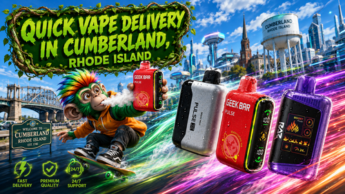 A vibrant promotional banner for Vapor Puffs featuring fast vape delivery in Cumberland, Rhode Island. A colorful skateboard-riding mascot holds a Geek Bar vape while premium disposable vapes from brands including Geek Bar, RAZ, and Pulse X race through a futuristic cityscape with colorful energy trails. The background showcases recognizable Cumberland landmarks, including the Welcome to Cumberland sign and the town water tower, alongside modern skyline elements. Green service icons highlight fast delivery, premium quality, and 24/7 customer support, emphasizing a wide selection of authentic disposable vapes at competitive prices with same-day shipping and delivery within 1&ndash;5 business days.