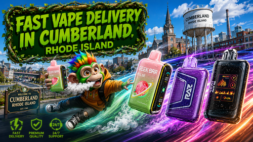 A bold promotional banner advertising fast vape delivery in Cumberland, Rhode Island from Vapor Puffs. A colorful cartoon mascot flies through the city while holding a Geek Bar Pulse disposable vape, surrounded by premium disposable devices from Geek Bar, RAZ, and Pulse X with water droplets and vibrant energy trails. The background features recognizable Cumberland landmarks, including the Welcome to Cumberland sign, the historic church, and the Cumberland water tower beneath a bright blue sky. Service icons highlight fast delivery, premium quality, and 24/7 customer support, promoting authentic disposable vapes, competitive prices, same-day shipping, and reliable delivery within 1&ndash;5 business days.