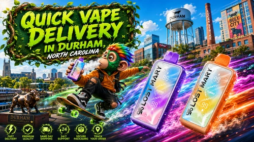 A vibrant promotional banner for Vapor Puffs featuring Quick Vape Delivery in Durham, North Carolina. The artwork showcases two colorful Lost Mary Turbo disposable vapes with water droplets racing through a futuristic Durham cityscape with glowing trails of energy and vapor. Famous local landmarks, including the Durham Water Tower, Lucky Strike Tower, Durham Bulls statue, and DPAC, create a recognizable city backdrop. A playful skateboard-riding mascot holds a vape while highlighting fast service, and green service icons emphasize fast delivery, premium quality, same-day shipping, 24/7 support, secure packaging, and order tracking.