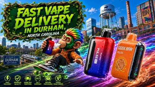 A colorful promotional banner for Vapor Puffs showcasing Fast Vape Delivery in Durham, North Carolina. The design features Geek Bar Pulse and Pulse X disposable vapes covered in realistic water droplets as they speed through a futuristic Durham skyline with vibrant trails of colorful energy and vapor. Iconic city landmarks, including the Durham Water Tower, Lucky Strike Tower, and the Bull City district, create a recognizable local backdrop. A playful skateboard-riding mascot enjoys a vape while highlighting premium service, and bright green icons emphasize fast delivery, premium quality, same-day shipping, 24/7 support, secure packaging, and order tracking.