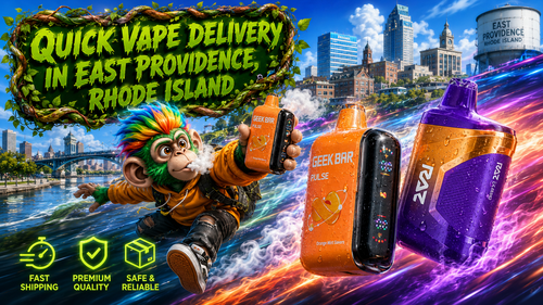 A vibrant promotional banner for Vapor Puffs featuring quick vape delivery in East Providence, Rhode Island. The image showcases premium disposable vapes from Geek Bar and RAZ with realistic water droplets, colorful energy trails, and a futuristic city backdrop highlighting East Providence landmarks. A dynamic flying mascot holds a vape while bright green typography, framed with vines, promotes fast shipping, premium quality, and reliable service.