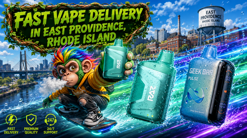 A bold promotional banner for Vapor Puffs featuring fast vape delivery in East Providence, Rhode Island. The artwork includes premium RAZ and Geek Bar disposable vapes covered in realistic water droplets, surrounded by colorful speed trails and dynamic smoke effects. A vibrant mascot rides a futuristic hoverboard while holding a RAZ vape, with iconic East Providence landmarks and the city's water tower in the background. The design highlights fast delivery, premium quality, and 24/7 customer support with eye-catching neon service icons.
