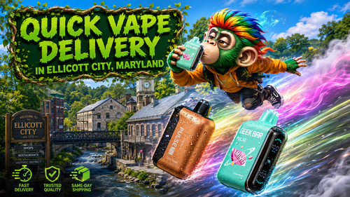Quick Vape Delivery in Ellicott City, Maryland A colorful promotional banner for quick vape delivery in Ellicott City, Maryland, featuring premium Geek Bar Pulse disposable vapes covered in realistic water droplets, alongside a playful flying mascot holding a mint-flavored Geek Bar device. The background highlights the historic downtown of Ellicott City with its iconic welcome sign, charming stone buildings, and scenic river, while vibrant neon energy trails emphasize fast shipping, trusted quality, and convenient online vape shopping with same-day order shipping.