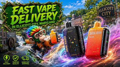Fast Vape Delivery in Ellicott City, Maryland A vibrant promotional banner for fast vape delivery in Ellicott City, Maryland, featuring colorful Geek Bar disposable vapes with water droplets, a playful skateboard-riding mascot holding a vape, and dynamic neon energy trails. The background showcases iconic Ellicott City landmarks, including the historic Main Street, the Ellicott City welcome sign, and the famous mill waterfall, emphasizing reliable same-day shipping, trusted quality, and quick online vape shopping.
