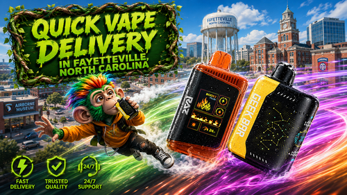 Quick Vape Delivery in Fayetteville, North Carolina | Premium Disposable Vapes A colorful advertising banner promoting quick vape delivery in Fayetteville, North Carolina. The artwork features a vibrant monkey mascot holding a disposable vape while flying through the city, alongside two premium disposable vape devices covered in water droplets with vivid neon energy trails. Recognizable Fayetteville landmarks, including the historic downtown courthouse, the Fayetteville water tower, and the Airborne & Special Operations Museum area, create a dynamic city backdrop, highlighting fast shipping, trusted quality, 24/7 support, and a wide selection of authentic disposable vapes at affordable prices.