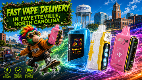 Fast Vape Delivery in Fayetteville, North Carolina | Premium Disposable Vapes A vibrant promotional banner for Vapor Puffs featuring fast vape delivery in Fayetteville, North Carolina. A colorful monkey mascot rides a skateboard while holding a Geek Bar Pulse disposable vape, surrounded by premium disposable vapes with water droplets and colorful energy trails. The background showcases Fayetteville landmarks, including the iconic water tower and downtown skyline, emphasizing fast shipping, premium quality, same-day shipping, and a wide selection of authentic vape products at competitive prices.