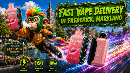 A vibrant promotional banner showcasing fast vape delivery in Frederick, Maryland, featuring Geek Bar Pulse disposable vapes with realistic water droplets and colorful energy trails. A playful flying character holds a Geek Bar Pulse device while iconic Frederick landmarks create a bright daytime city backdrop. The design emphasizes premium quality, tracked delivery, and fast shipping from a trusted online vape store.