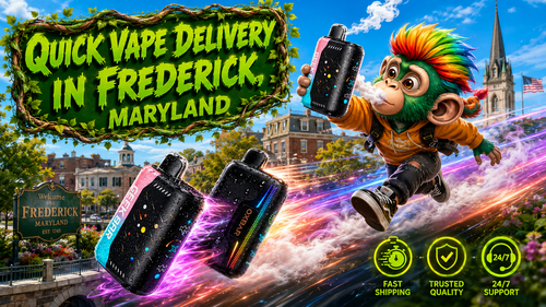 A colorful promotional banner featuring fast vape delivery in Frederick, Maryland. Two modern disposable vapes race through the city with vibrant energy trails while a playful flying character holds a vape against a backdrop of Frederick landmarks. The image highlights quick shipping, trusted quality, and 24/7 customer support for a convenient online vape shopping experience.