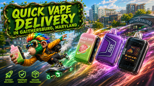 A vibrant promotional illustration for Vapor Puffs featuring quick vape delivery in Gaithersburg, Maryland. A colorful futuristic character rides a hoverboard while holding a Geek Bar disposable vape as three premium disposable vape devices race across the city with glowing neon energy trails. The background showcases the Gaithersburg cityscape, emphasizing fast shipping, premium quality, secure packaging, and a wide selection of authentic vaping products.