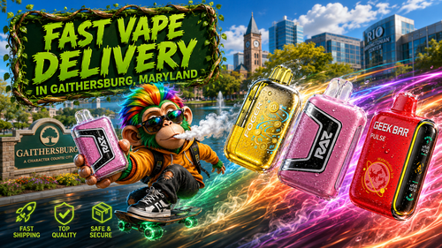 A colorful promotional banner for Vapor Puffs featuring fast vape delivery in Gaithersburg, Maryland. A futuristic character rides a hoverboard while holding a premium disposable vape, surrounded by four modern vape devices with realistic water droplets and vibrant neon energy trails. The background highlights recognizable Gaithersburg landmarks, reinforcing fast shipping, secure packaging, top-quality products, and a wide selection of authentic disposable vapes available through online delivery.