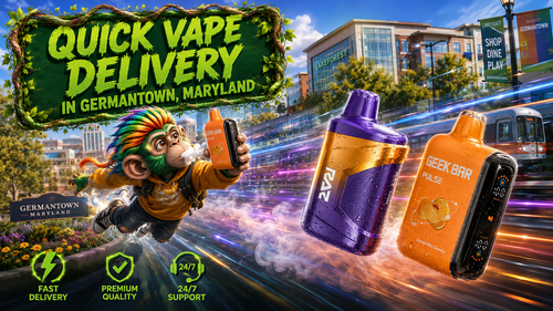 Quick Vape Delivery in Germantown, Maryland – Premium Disposable Vapes A vibrant promotional banner for Vapor Puffs featuring fast vape delivery in Germantown, Maryland. The image showcases two premium disposable vapes speeding through the city with colorful energy trails and water droplets, alongside a flying mascot holding a Geek Bar device. Germantown landmarks, modern city scenery, and icons representing fast delivery, premium quality, and 24/7 support emphasize a reliable online vape shop with a wide selection and competitive prices.