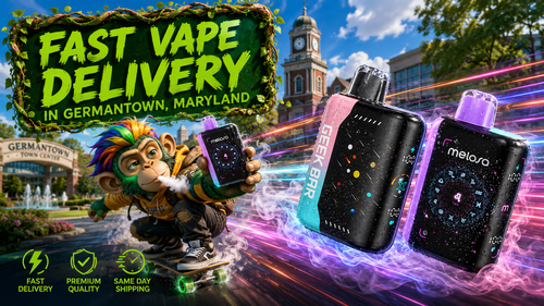 Fast Vape Delivery in Germantown, Maryland A colorful promotional banner highlighting fast vape delivery in Germantown, Maryland. The artwork features premium Geek Bar and Meloso disposable vapes with realistic water droplets, glowing energy trails, and a playful mascot riding a skateboard while holding a vape device. The Germantown Town Center and city landmarks create a vibrant backdrop, while icons emphasize fast delivery, premium quality, and same-day shipping for a trusted online vape shop.