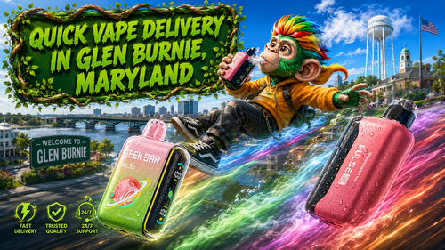 A colorful promotional banner advertising quick vape delivery in Glen Burnie, Maryland. A vibrant cartoon monkey flies through the city while enjoying a disposable vape, surrounded by premium Geek Bar Pulse and Pulse X devices covered in water droplets and glowing energy trails. The background features recognizable Glen Burnie landmarks, including the welcome sign, the Glen Burnie water tower, and the city skyline, highlighting fast shipping, trusted quality, 24/7 support, and a wide selection of disposable vapes available from Vapor Puffs.