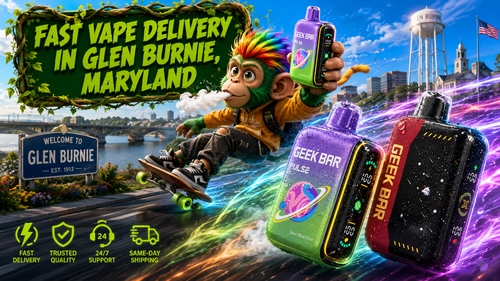 A vibrant promotional banner featuring fast vape delivery in Glen Burnie, Maryland. A colorful cartoon monkey rides a skateboard while holding a Geek Bar disposable vape, surrounded by premium Geek Bar devices with water droplets and colorful energy trails. The background showcases Glen Burnie landmarks, including the iconic water tower, welcome sign, city skyline, and an American flag, emphasizing quick shipping, trusted quality, and a wide selection of disposable vapes from Vapor Puffs.