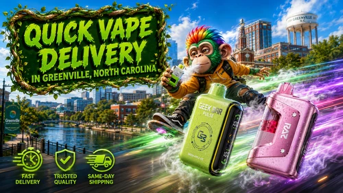 A colorful promotional banner showcasing Geek Bar Pulse and RAZ disposable vapes with sparkling water droplets against the Greenville, North Carolina skyline. A vibrant skateboard-riding monkey holds a vape while racing through the city with glowing energy trails and swirling vapor, emphasizing quick vape delivery, trusted quality, and same-day shipping.
