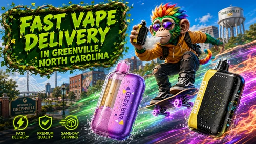 A vibrant promotional banner featuring Geek Bar disposable vapes covered in water droplets, a colorful monkey character riding a skateboard, and dynamic energy trails across a sunny Greenville, North Carolina cityscape. The design highlights fast delivery, premium quality, and same-day shipping.