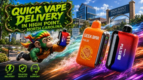 A vibrant promotional banner for Vapor Puffs featuring fast vape delivery in High Point, North Carolina. Two colorful disposable vape devices with water droplets race through the city with glowing energy trails, while a flying cartoon mascot holds a vape device. The background showcases recognizable High Point landmarks, including the High Point University entrance and the High Point Furniture Market sign. Green service icons highlight fast delivery, trusted quality, and 24/7 customer support, reinforcing the convenience of online vape shopping.