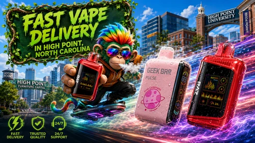 A colorful advertising banner for Vapor Puffs showcasing fast vape delivery in High Point, North Carolina. A stylish cartoon mascot with rainbow-colored hair rides a futuristic hoverboard while holding a premium disposable vape. Three modern vape devices covered with realistic water droplets race across the scene with vibrant neon energy trails. The background features iconic High Point landmarks, including the High Point University entrance and the High Point Furniture Capital sign. Green service icons highlight fast delivery, trusted quality, and 24/7 customer support, emphasizing the convenience and affordability of ordering from an online vape shop.
