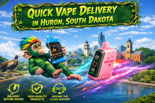 A colorful promotional banner for quick vape delivery in Huron, South Dakota, featuring futuristic disposable vapes with water droplets, a flying fantasy character, bright energy trails, local city scenery, and service icons highlighting fast delivery, high-quality products, and around-the-clock support.
