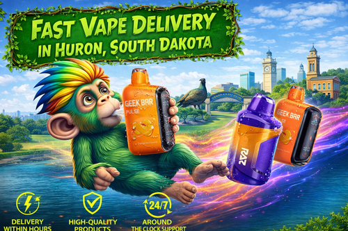 A vibrant promotional banner showcasing fast vape delivery in Huron, South Dakota, featuring colorful disposable vape devices with water droplets, a fantasy green mascot holding a vape, glowing energy trails, recognizable Huron landmarks, and service icons representing fast shipping, premium-quality products, and 24/7 customer support.