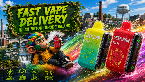 A vibrant promotional banner for Vapor Puffs featuring fast vape delivery in Johnston, Rhode Island. The image showcases two colorful Geek Bar Pulse disposable vapes with water droplets, surrounded by dynamic rainbow energy trails. A cheerful mascot holds a Geek Bar device while relaxing on a colorful cloud, with recognizable Johnston landmarks, including the town water tower and welcome sign, in the background. The design highlights fast delivery, trusted quality, 24/7 support, and same-day shipping in a bold, eye-catching style.