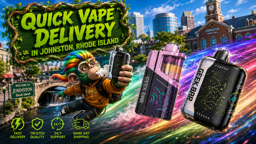 A colorful promotional banner advertising quick vape delivery in Johnston, Rhode Island. The artwork features three premium Geek Bar vape devices covered in realistic water droplets, racing through the city with vibrant rainbow energy trails. A playful mascot holds a Geek Bar vape while flying through the scene, with Johnston Town Hall, the Welcome to Johnston sign, and the city skyline in the background. The design highlights fast delivery, trusted quality, 24/7 customer support, and same-day shipping, creating a bold and energetic advertisement for Vapor Puffs.
