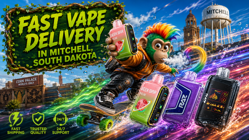 A vibrant promotional banner for fast vape delivery in Mitchell, South Dakota, featuring a colorful cartoon monkey riding a skateboard while holding a Geek Bar disposable vape. Several premium vape devices with water droplets race through glowing energy trails, with iconic Mitchell landmarks, including the Corn Palace and the Mitchell water tower, visible in the background. Bright service icons emphasize fast shipping, trusted quality, and 24/7 customer support, creating a dynamic and eye-catching advertisement.