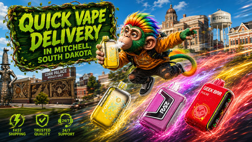 A colorful promotional banner for quick vape delivery in Mitchell, South Dakota, featuring a flying cartoon monkey holding a yellow disposable vape. Three vibrant vaping devices race through the city with glowing energy trails, while recognizable Mitchell landmarks, including the Corn Palace and the Mitchell water tower, appear in the background. Service icons highlight fast shipping, trusted quality, and 24/7 support.
