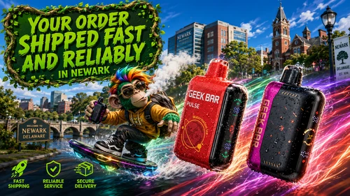 Fast Vape Delivery in Newark, Delaware | Premium Disposable Vapes Colorful promotional banner for fast vape delivery in Newark, Delaware, featuring premium Geek Bar disposable vapes with water droplets, a futuristic character riding a hoverboard, vibrant energy trails, and iconic Newark landmarks in the background. The artwork highlights same-day order shipping, reliable service, secure delivery, and a wide selection of disposable vapes available through an online vape shop with delivery across Newark, DE.