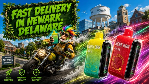 Fast Delivery in Newark, Delaware | Disposable Vape Shipping Promotional banner featuring fast vape delivery in Newark, Delaware, with two Geek Bar Pulse disposable vapes covered in water droplets, a colorful character riding a motorcycle while holding a vape, and famous Newark landmarks in the background. Bright energy trails, dynamic motion effects, and messaging about fast shipping, premium quality, and dedicated support emphasize reliable online vape delivery throughout Newark, DE and across Delaware.