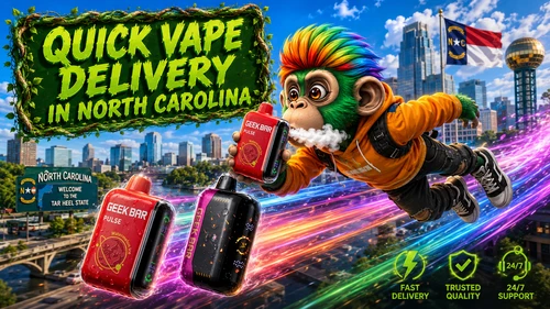 A colorful promotional banner for Vapor Puffs highlighting quick vape delivery in North Carolina. The artwork features premium Geek Bar disposable vapes with realistic water droplets flying through vibrant neon energy trails over the Charlotte skyline. A playful rainbow-haired mascot flies through the air while holding a Geek Bar Pulse device, with a bold green "Quick Vape Delivery in North Carolina" sign framed by leafy vines. The North Carolina state flag, welcome sign, iconic city landmarks, and service icons for fast delivery, trusted quality, and 24/7 support emphasize convenient same-day shipping and reliable delivery throughout NC.