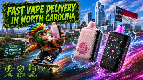A vibrant promotional banner for Vapor Puffs featuring fast vape delivery in North Carolina. The image showcases premium disposable vapes, including Geek Bar Pulse and Meloso devices covered in water droplets, racing through colorful energy trails against the Charlotte skyline. A cheerful mascot rides a skateboard while holding a Geek Bar vape, with a bold green "Fast Vape Delivery in North Carolina" sign framed by leafy vines. The North Carolina state flag, welcome road sign, and service icons highlighting fast delivery, trusted quality, and 24/7 support emphasize reliable same-day shipping and delivery across NC.