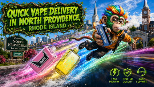 A colorful promotional banner showcasing quick vape delivery in North Providence, Rhode Island. The artwork features premium disposable vapes from RAZ and Foger with realistic water droplets, racing through the city with vibrant rainbow energy trails. A cheerful futuristic mascot flies across the scene while holding a blue Foger vape, with recognizable North Providence landmarks and the city welcome sign in the background. Bright green icons emphasize fast delivery, trusted quality, and 24/7 customer support, highlighting Vapor Puffs' wide selection of authentic disposable vapes at affordable prices.