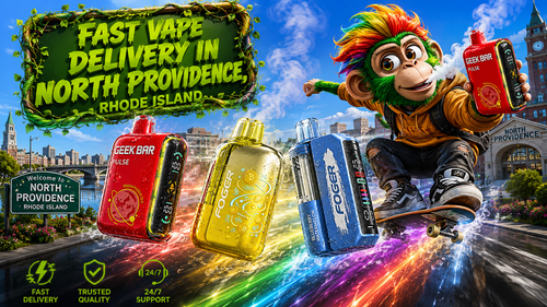 A vibrant promotional banner for Vapor Puffs featuring fast vape delivery in North Providence, Rhode Island. Colorful Geek Bar Pulse and Foger disposable vapes with realistic water droplets race through the city, leaving bright rainbow energy trails behind them. A cheerful futuristic mascot rides a skateboard while holding a red Geek Bar device, with recognizable North Providence landmarks and skyline elements in the background. Green service icons highlight fast delivery, trusted quality, and 24/7 support, emphasizing a wide selection of premium disposable vapes at affordable prices.