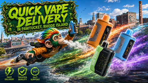 A vibrant promotional banner for Vapor Puffs featuring colorful disposable vapes flying through the skyline of Pawtucket, Rhode Island, leaving dynamic trails of energy and vapor. A futuristic flying mascot holds a vape device while highlighting quick vape delivery, trusted quality, and 24/7 support, with iconic Pawtucket landmarks in the background.
