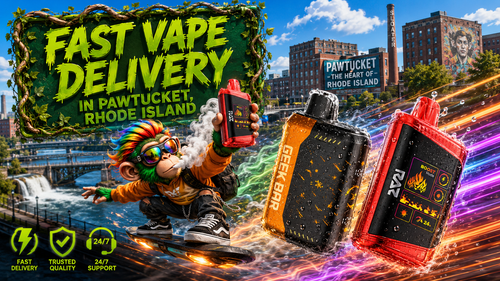 A colorful promotional banner showcasing fast vape delivery in Pawtucket, Rhode Island, with premium disposable vapes speeding through the city on vibrant trails of energy and vapor. A futuristic mascot rides a hoverboard while holding a vape device, surrounded by iconic Pawtucket landmarks, emphasizing trusted quality, fast shipping, and 24/7 customer support.