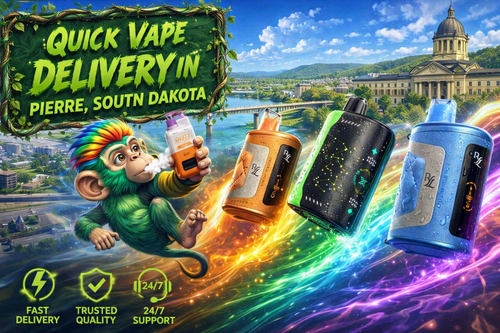 A colorful promotional banner for quick vape delivery in Pierre, South Dakota, featuring several disposable vapes flying through bright energy trails. A cartoon monkey holds a vape in front of a cityscape with the South Dakota State Capitol, while service icons highlight fast delivery, trusted quality, and 24/7 support.
