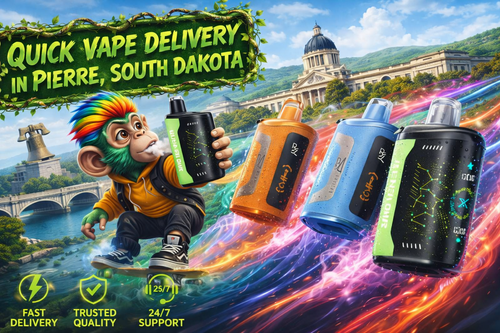 A vibrant promotional banner showcasing quick vape delivery in Pierre, South Dakota, with four colorful disposable vapes soaring through glowing energy trails across the city skyline. A playful monkey rides a skateboard while holding a vape, with the South Dakota State Capitol in the background and icons highlighting fast delivery, trusted quality, and 24/7 support.