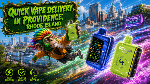 A vibrant promotional banner showcasing quick vape delivery in Providence, Rhode Island, featuring colorful Geek Bar Pulse disposable vapes flying through the city skyline with glowing energy trails. A futuristic monkey character holds a green Geek Bar device while iconic Providence landmarks, premium service icons, and bold green typography emphasize fast shipping, trusted quality, and 24/7 customer support.