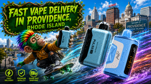 A dynamic promotional banner featuring fast vape delivery in Providence, Rhode Island, with premium disposable vapes racing through the city skyline surrounded by colorful energy trails and swirling vapor. A vibrant monkey character rides a skateboard while holding a vape device, with iconic Providence landmarks, service icons highlighting fast delivery, premium quality, and same-day shipping, creating a bold and futuristic online vape shop advertisement.