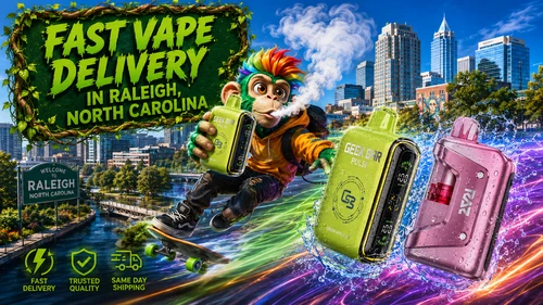 A vibrant promotional banner for Vapor Puffs featuring fast vape delivery in Raleigh, North Carolina. A colorful skateboard-riding mascot holds a Geek Bar Pulse disposable vape while flying through the Raleigh skyline. Water-covered Geek Bar Pulse and RAZ disposable vapes are showcased with dynamic energy trails, splashing water effects, and a bold green "Fast Vape Delivery in Raleigh, North Carolina" sign. The image also highlights trusted quality, same-day shipping, and fast delivery, emphasizing a wide selection of authentic disposable vapes at competitive prices.