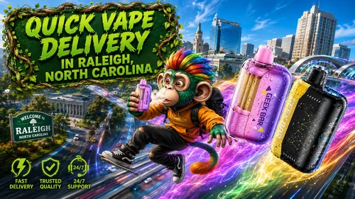 A colorful promotional banner for Vapor Puffs showcasing quick vape delivery in Raleigh, North Carolina. The artwork features a playful mascot riding through the city skyline while holding a purple Geek Bar disposable vape. Two vibrant Geek Bar disposable vapes covered in water droplets are highlighted with colorful energy trails, emphasizing speed and freshness. The design includes a bold green "Quick Vape Delivery in Raleigh, North Carolina" sign, iconic Raleigh landmarks, and service icons representing fast delivery, trusted quality, and 24/7 customer support, promoting a wide selection of authentic disposable vapes at affordable prices.