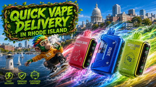 A vibrant promotional banner showcasing fast vape delivery in Rhode Island, featuring colorful disposable vapes racing through a scenic Rhode Island waterfront with energy trails. The design includes a playful character, premium service icons, and a bold "Quick Vape Delivery in Rhode Island" headline, highlighting fast shipping, quality products, and reliable customer support.