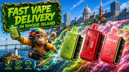 A vibrant promotional banner for fast vape delivery in Rhode Island featuring colorful disposable vape devices with dynamic energy trails, a playful mascot riding a skateboard, and iconic Rhode Island landmarks in the background. The artwork highlights premium quality, fast shipping, and 24/7 customer support, showcasing a modern online vape shop serving customers across RI.